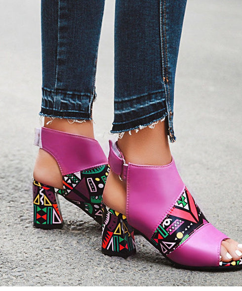 Geo Pattern Block Heel Sandals